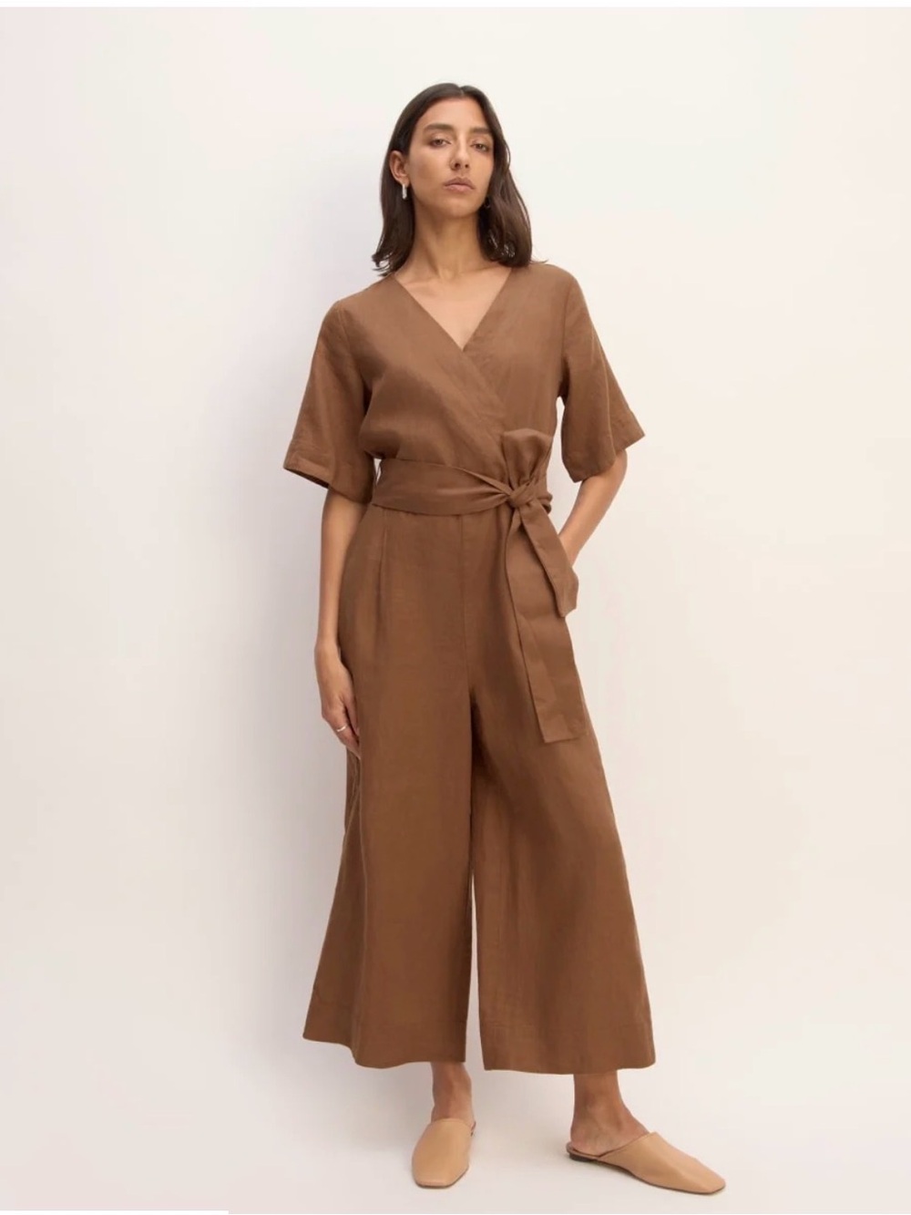 Everlane Wrap Linen Jumpsuit in Carob Brown